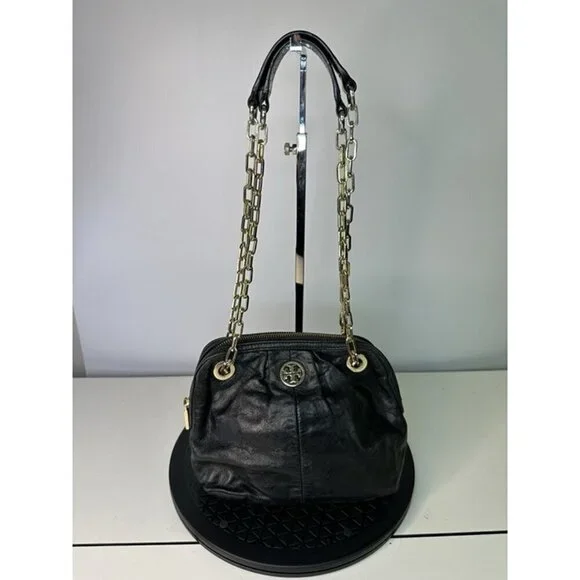 Tory Burch Dena Mini Black Crinkle Leather  Crossbody Chain Bag