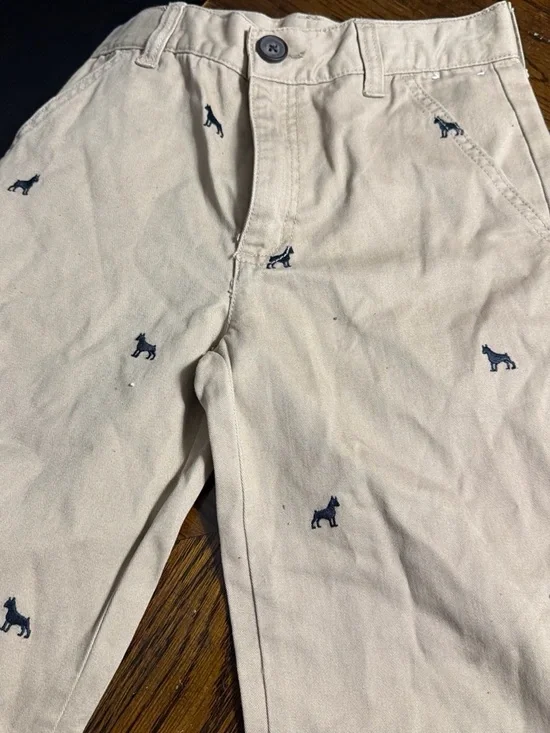 Gymboree Beige Khaki Pants with Navy Dog Embroidery