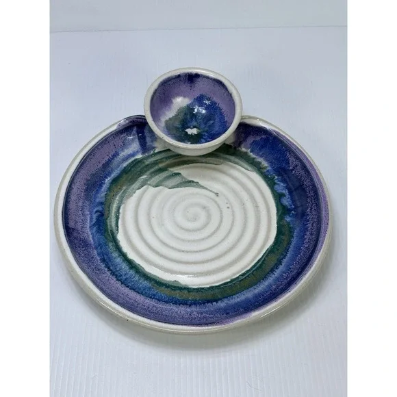 Sturbridge Pottery Handmade Chip & Dip Bowl Purple Blue Green Glaze