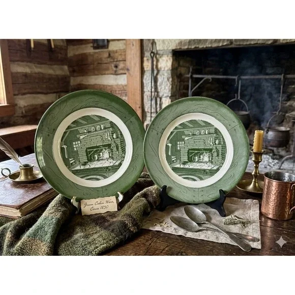 Royal China‎ Colonial Homestead Green Transferware Dinner Plates Set of 2 USA