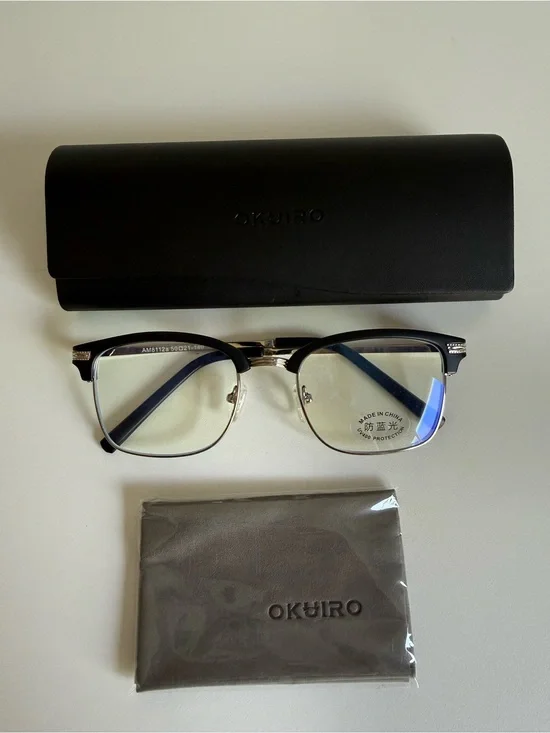 Blue Light Blocking Glasses AM8112a Black Half Rim UV400 Case New by: OKUIRO