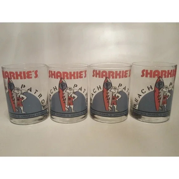 4x Vintage Universal Studios Frankenstein Sharkie's Beach Patrol Glasses Cups