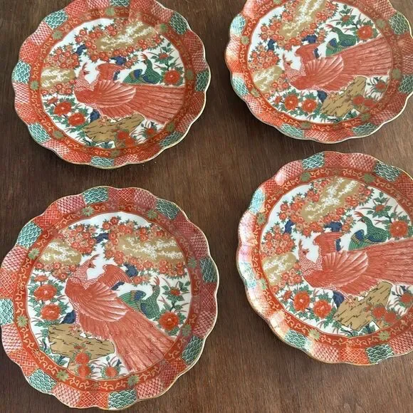 Arita Imari Peacock Dessert Plates Japan Vintage 1980's