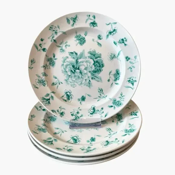 Martha Stewart Floral Salad Plates 8.5in Porcelain Set of 4 Teal White NEW