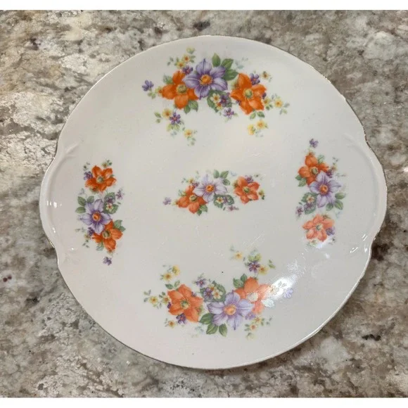 Vintage Floral Scalloped Serving Plate White Orange Purple Gold Trim 9.75 Inch