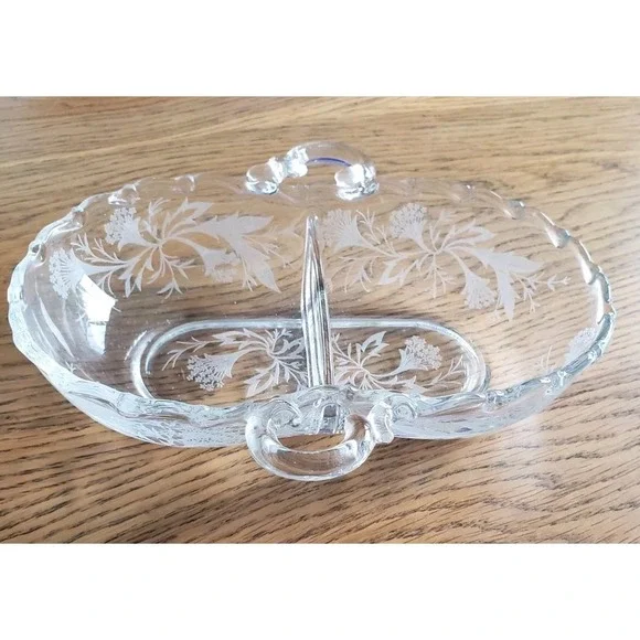 Fostoria Century Heather Etched 2 Part Divided Relish Dish Side Handled 7.5