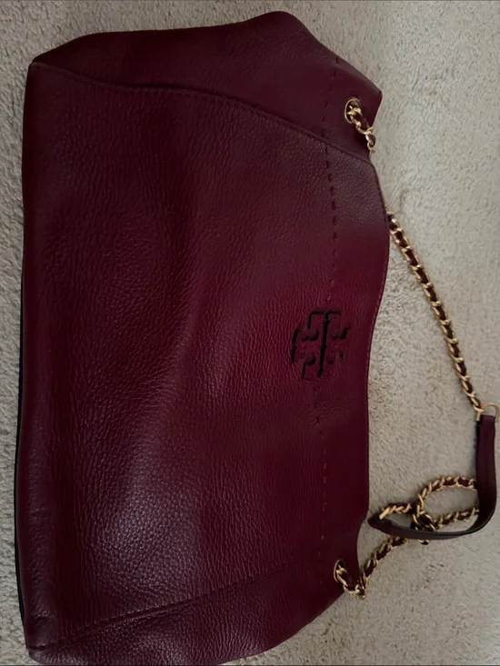 Tory Burch Wine Pebbled Leather Shoulder Bag with Gold Chain