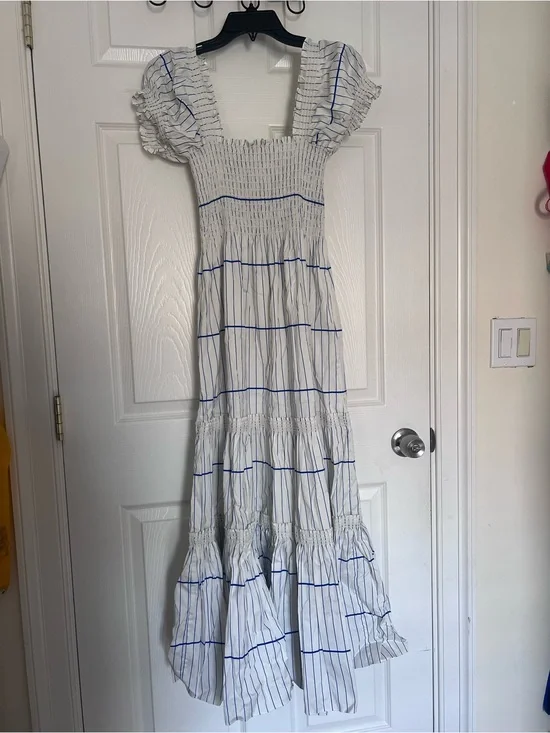 Tory Burch Blue Striped Smocked Midi Dress