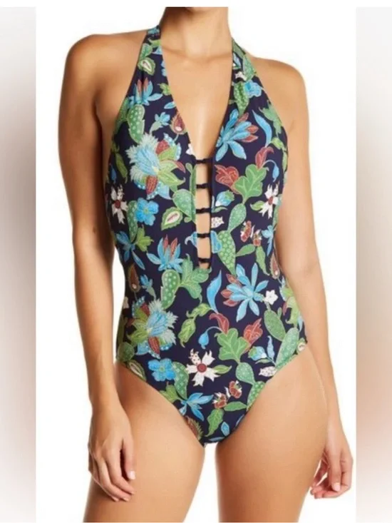 TORY BURCH‎ Blue Wisteria Garden Plunging Floral Swimsuit Halter Vacation Swim M