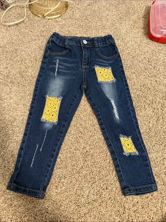 Dark Wash Distressed Kids Jeans with Yellow Eyelet Patches