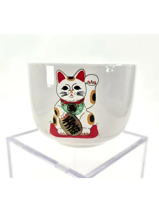 Vintage Japanese Lucky Cat Ceramic Bow Cup For Tea or Rice je195