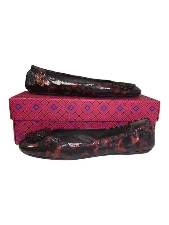 Tory Burch Minnie Travel Ballet Flats Patent Leather Tortoise Design Sz 8.5 New!