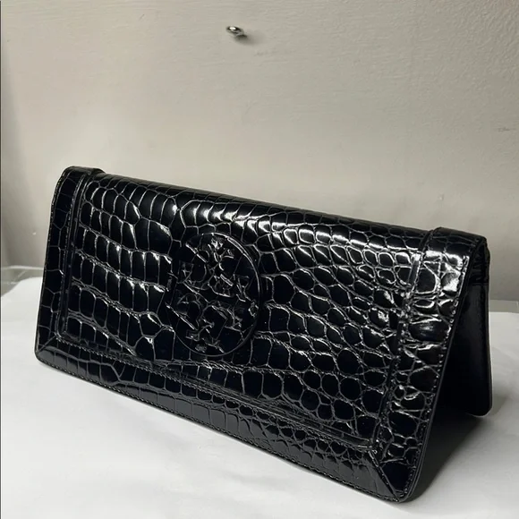 Tory Burch Large Croc Embossed Leather Wallet Clutch Bag