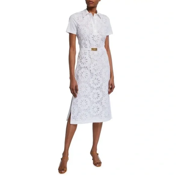 Tory Burch White Eyelet Midi Shirt Dress with Gold Logo Belt