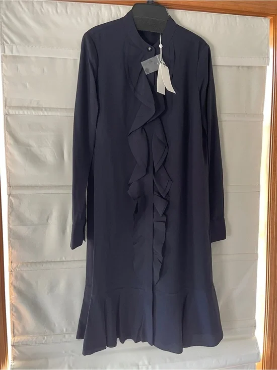 Tory Burch Navy Ruffle-Front Long Sleeve Dress