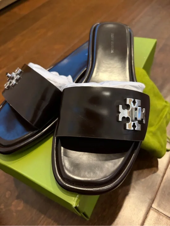 Tory Burch Black Patent Slide Sandals with Silver Logo Emblem