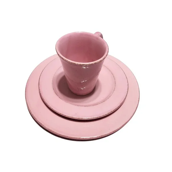 Bizzirri Italy Pink Ceramic Dinnerware‎ Set 4pc Plates Mug Distressed Rim Tuscan