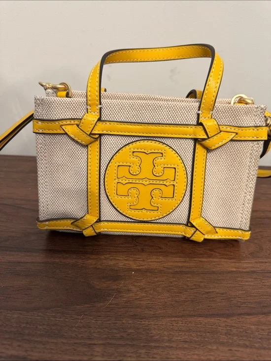 NWT Tory Burch Ella Canvas Quadrant Knot Micro Tote Goldfinch Yellow Crossbody