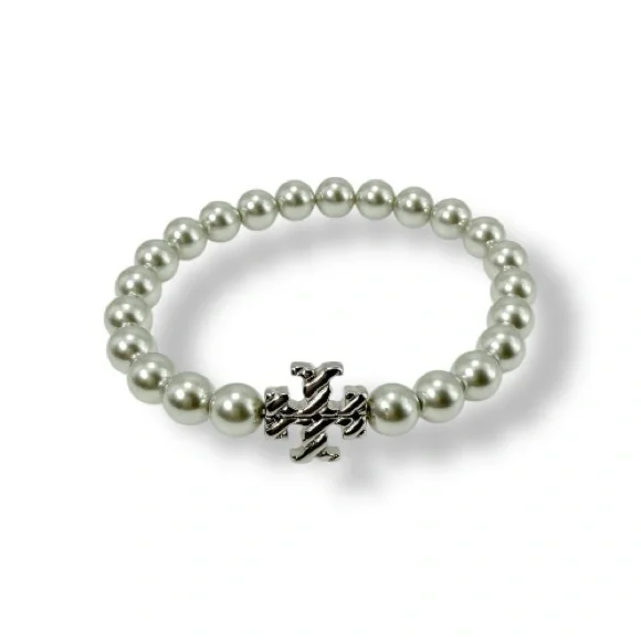 Tory Burch Faux Pearl Stretch Bracelet in silver