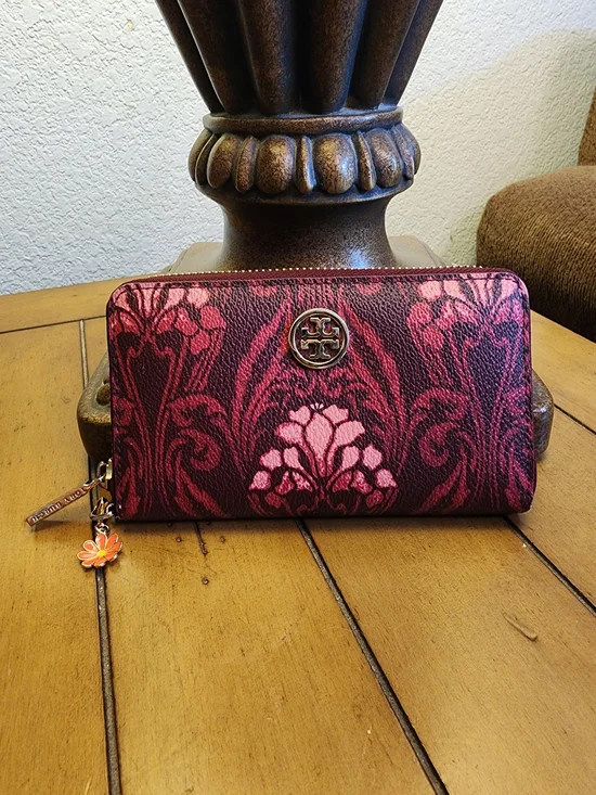 Tory Burch Kerrington Mini Wallet Clutch - Red Maroon Damask Print