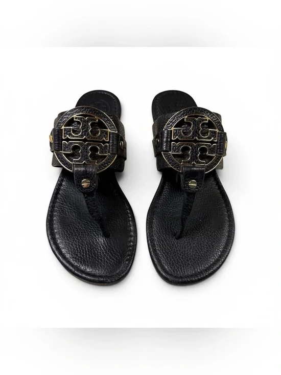 Tory Burch Amanda Black Sandals Logo Leather Designer Shoes