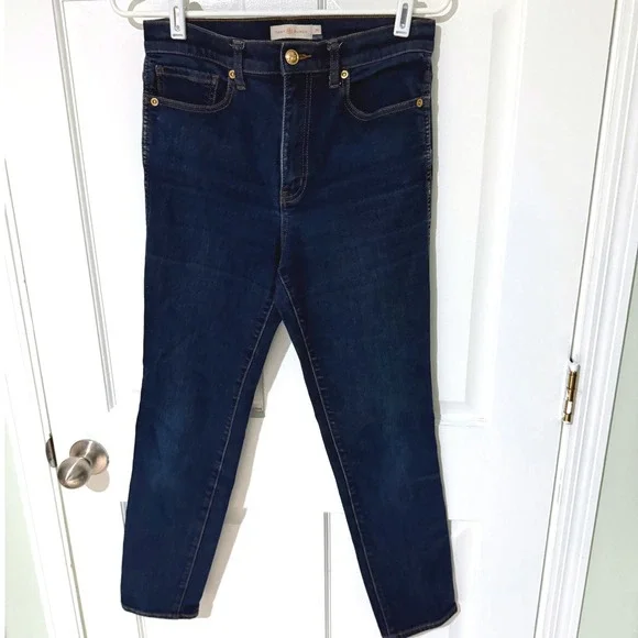 Tory Burch Dark Wash High Rise Skinny Jeans Indigo Gold Logo Button Size 28