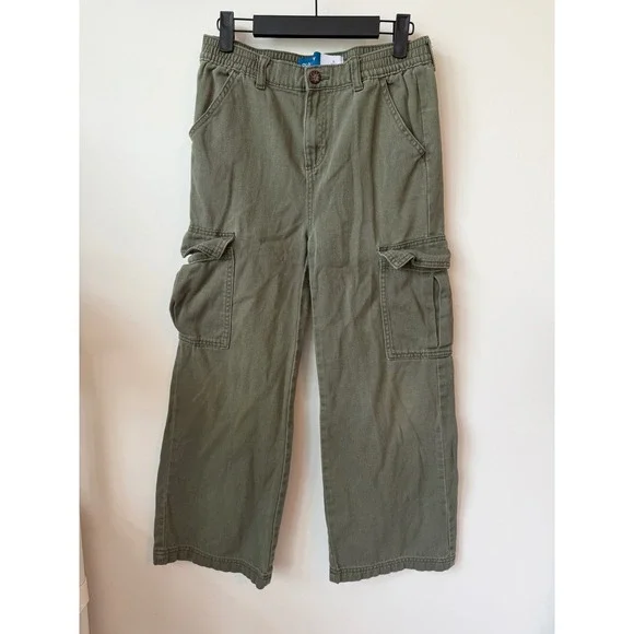 Old Navy Kids Olive Green Cargo Pants Wide Leg Utility Trousers Size L 10-12