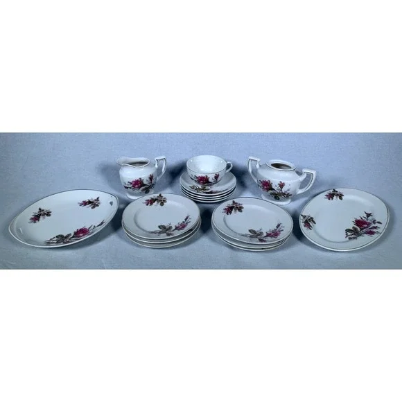 15 Pc Mini Porcelain Moss Rose Dish Set Hand Painted Gold Trim Japan