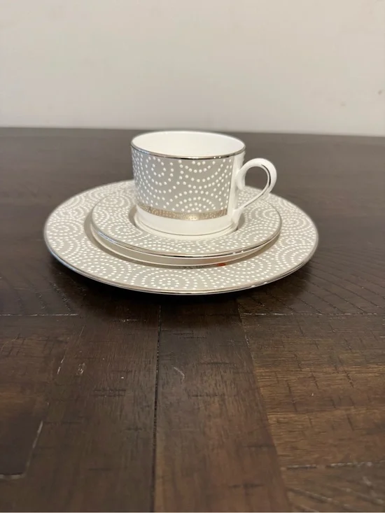 Lenox Pearl Beads Fine Bone China Plate, Saucer, 8oz Mug White & Grey.