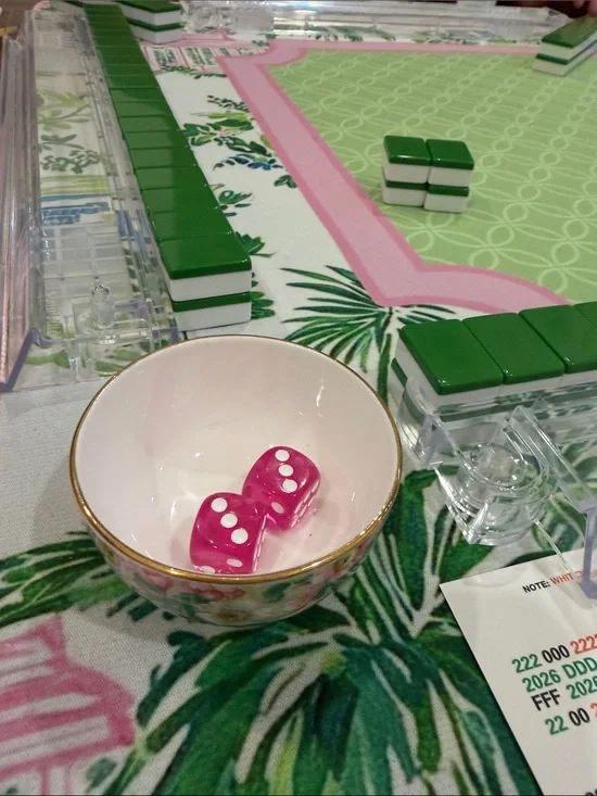 Pink & Green Maytime Floral Mahjong Dice Porcelain Dish Gold Rim