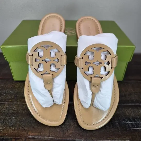 NEW Tory Burch Miller Leather Womens Size 7 Big Logo Sandal Flip Flops Honeycomb