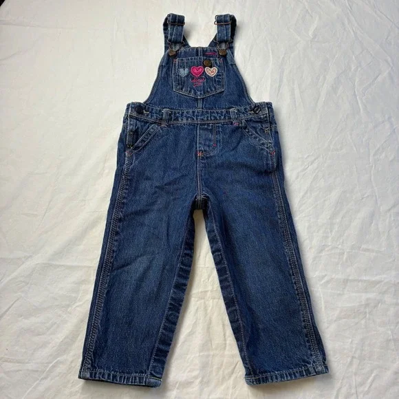 OshKosh Bgosh Girls Blue Denim Heart Embroidered Vestbak Overalls 24 Months