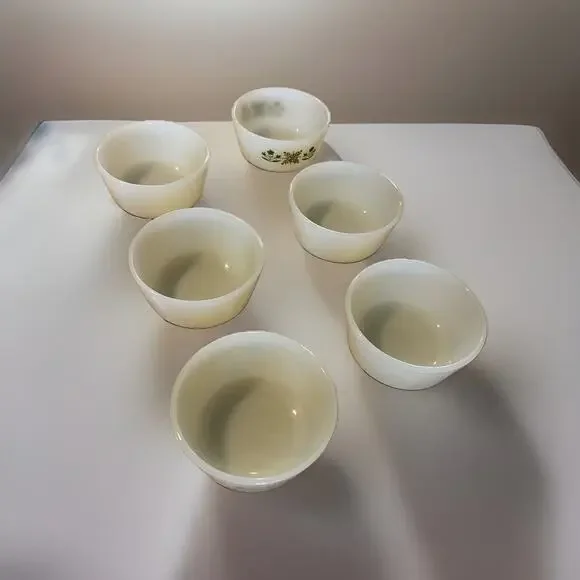 Vintage White Glass Bowls Set of 6 - 1 Green Floral + 5 Plain - Pyrex