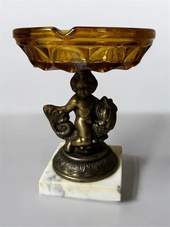 Vintage Cherub Riding a Koi Fish Sculpture Glass Bowl Candy Dish Soap AshTray
