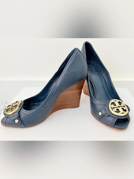 Tory Burch Navy Leather Peep-Toe Wedges with Gold Logo Medallion