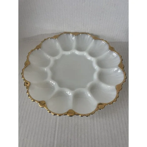 Vintage Anchor Hocking Fire-King Milk Glass Deviled Egg Plate Gold Trim 10