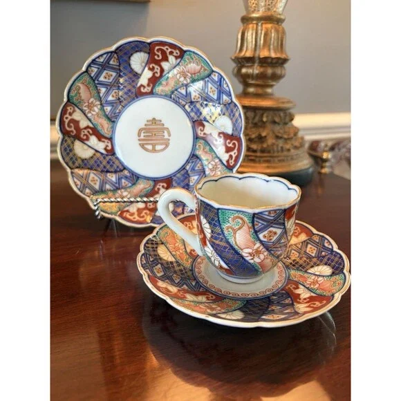 Antique Imari Demitasse Cup Saucer Plate Lot Scalloped Edge Signed