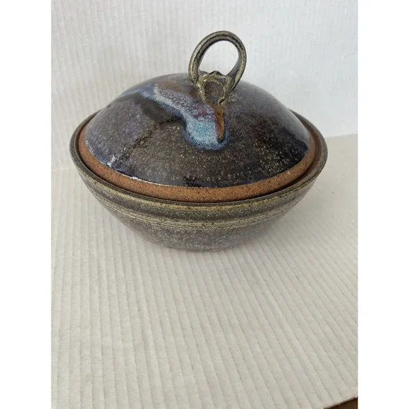 Vintage Signed Studio Pottery Covered Stoneware Serving Bowl with Lid 8