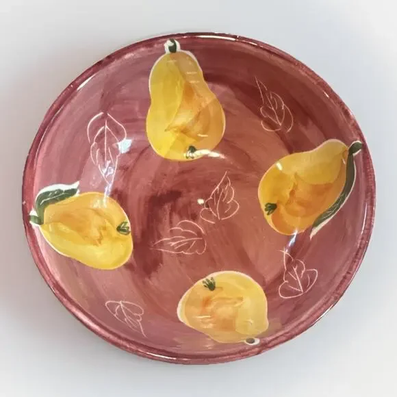 Vntg Pottery Barn Ceramic Round Serving Bowl Fruit Pattern Burgundy Yellow 8”