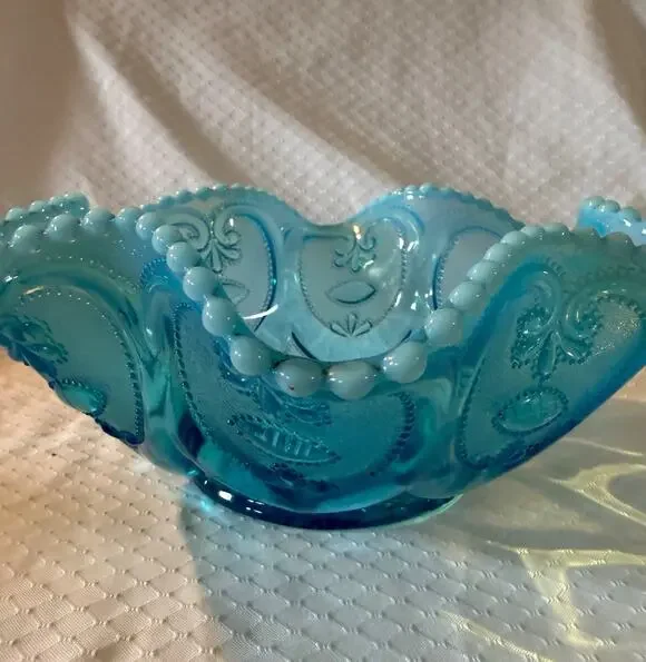 Blue Vintage Dugan Glass Bowl Floral Pattern Scalloped Rim Antique