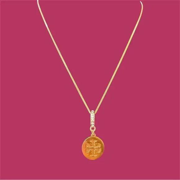 TORY BURCH 18K GOLD LOGO CHARM ITALY CHAIN NECKLACE