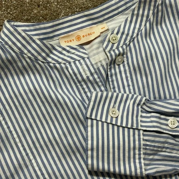 Tory Burch M Long Sleeve Blouse‎ Striped Cotton Blend Mandarin Collar Blue White