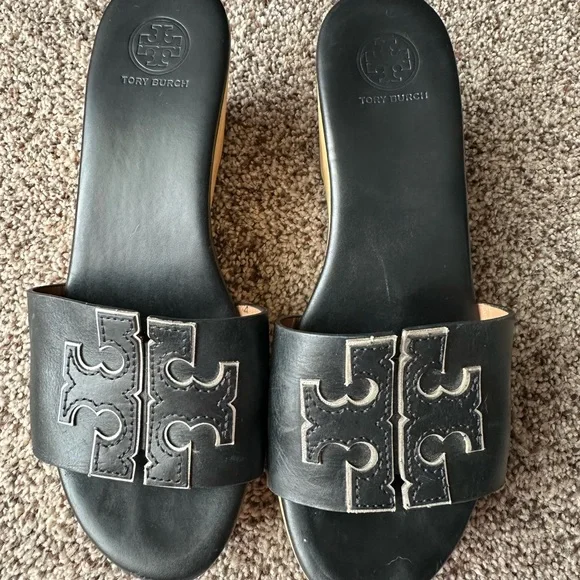 Tory Burch Black Leather Logo Slide Sandals