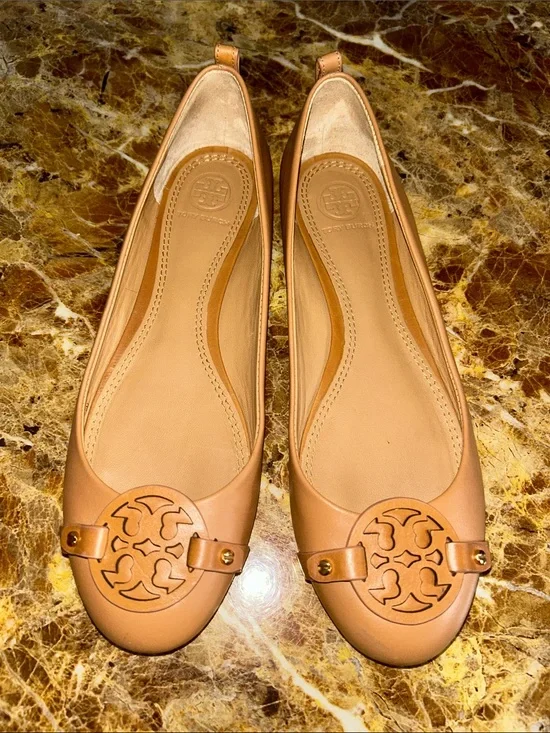 Tory Burch Tan Leather Logo Ballet Flats