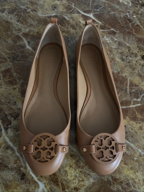Tory Burch Cognac Leather Logo Ballet Flats