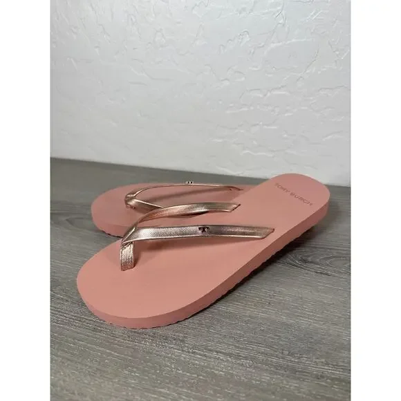 New! Tory Burch Metallic Rose‎ Gold Leather Flip Flop size 5 M