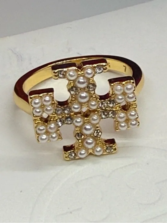 Tory Burch Kira T Gold Pearl Ring NEW $129