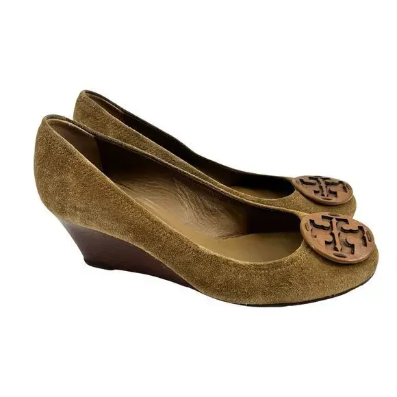 Tory Burch Sophie Olive Brown Suede Leather Logo Wedge Pumps classic Size 10.5