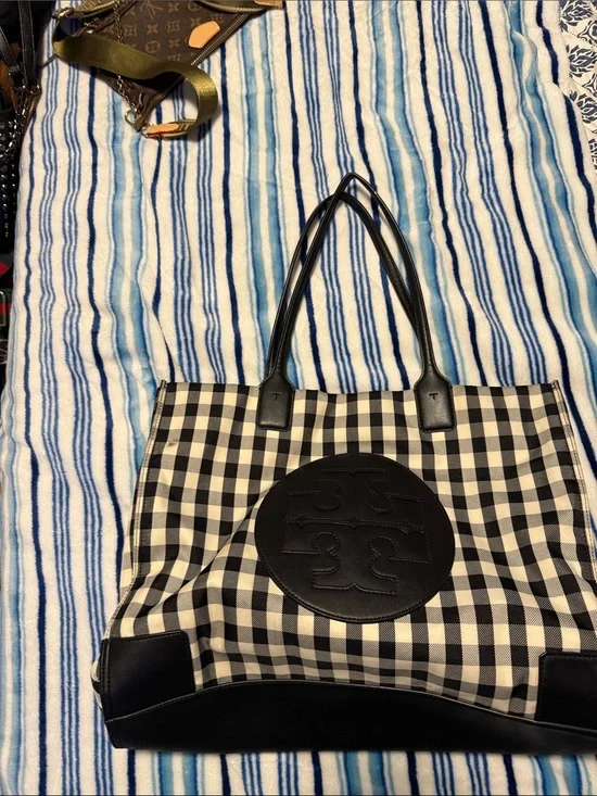 Tory Burch Black & White Gingham Leather-Trim Tote