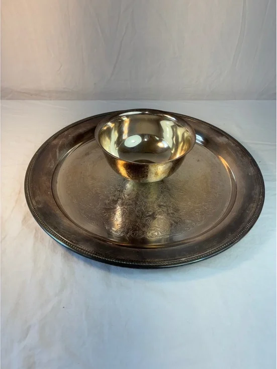 Vintage Silver Plated Serving Tray with  affixed condiment Bowl
